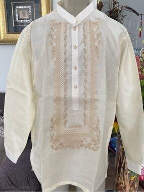 Classic 2XL Embroidered Barong Tagalog in Ivory with Beige Accents